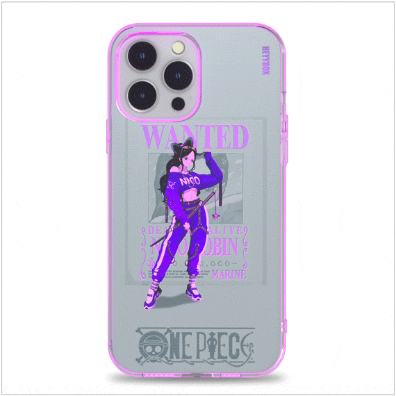 Nico Robin LED iPhone case with transparent border can light up with sounds or vibrations. The case will come with a free magnet data cable. Less power consumption. A sensor to control the light to turn on and off.