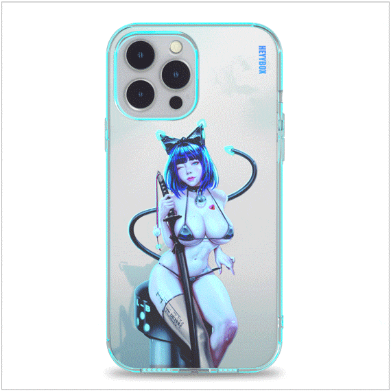 Y4 Black Catgirl iPhone case with transparent border can light up with sounds or vibrations. The case will come with a free magnet data cable. Less power consumption. A sensor to control the light to turn on and off.