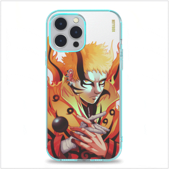 Naruto Baryon Mode LEDiPhone case with transparent border can light up with sounds or vibrations. The case will come with a free magnet data cable. Less power consumption. A sensor to control the light to turn on and off.