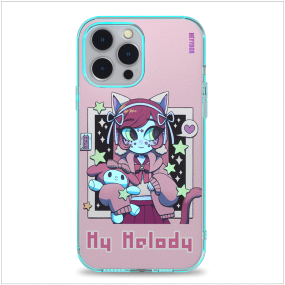 My Melody led iPhone case with transparent border can light up with sounds or vibrations. The case will come with a free magnet data cable. Less power consumption. A sensor to control the light to turn on and off.
