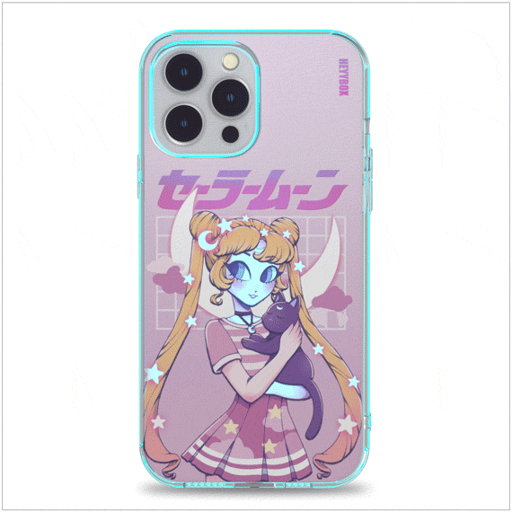 Sailor Moon led iPhone case with transparent border can light up with sounds or vibrations. The case will come with a free magnet data cable. Less power consumption. A sensor to control the light to turn on and off.