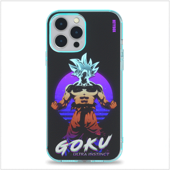 Retro Goku iPhone case with transparent border can light up with sounds or vibrations. The case will come with a free magnet data cable. Less power consumption. A sensor to control the light to turn on and off.