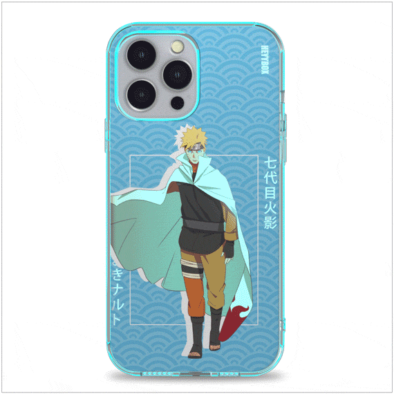 Custom Hokage Naruto led iPhone case with transparent border can light up with sounds or vibrations. The case will come with a free magnet data cable. Less power consumption. A sensor to control the light to turn on and off.