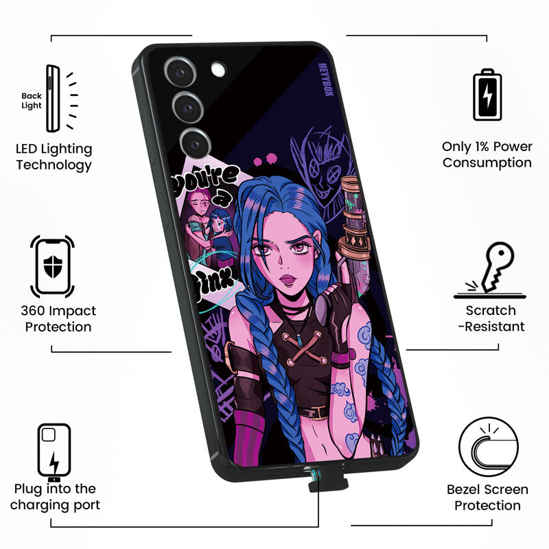Jinx case with black frame can light up with sounds and vibration. No free magnet data cable and only consume less than 1% power of the phone.